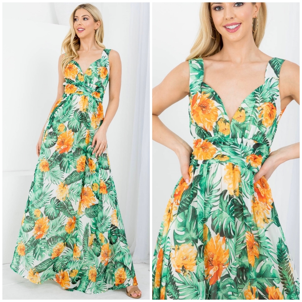 Gorgeous Feminine Chic Tropical Print Maxi Dress - Picture 1 of 9